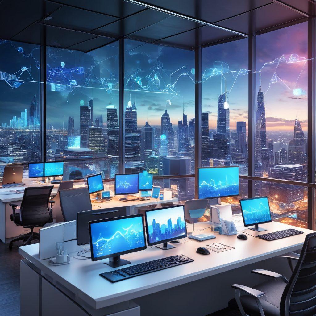 A dynamic office environment showcasing diverse professionals using various devices connected through Virtual Desktop Infrastructure (VDI), with a futuristic city skyline in the background symbolizing modern IT solutions. Visual elements like graphs and cloud symbols float around to represent productivity and connectivity. The color palette is vibrant, giving a sense of energy and innovation. super-realistic. vibrant colors. 3D.