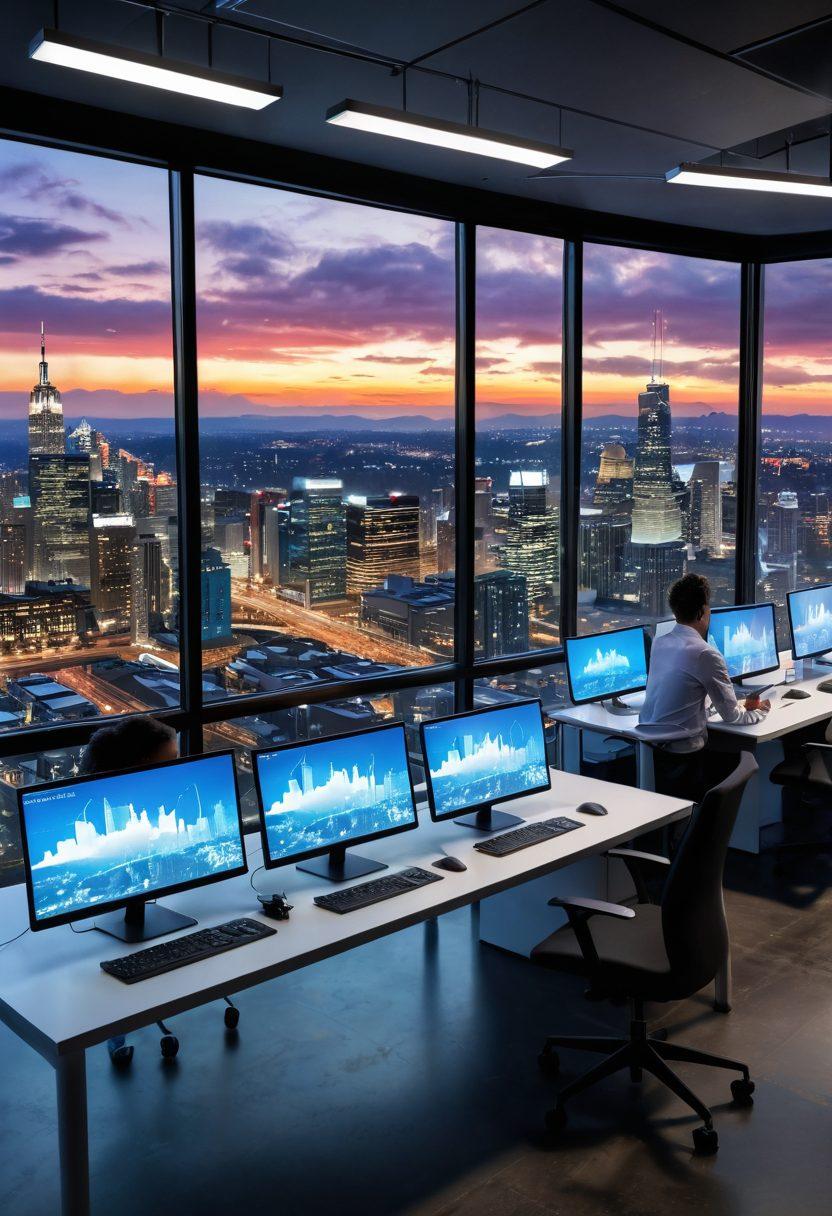 A dynamic workspace featuring diverse team members collaborating on cloud-based desktops, with transparent screens displaying vibrant data visuals in a modern office setting. The backdrop shows a city skyline through large windows, symbolizing connectivity. Soft, glowing lines represent data flow between devices. Include elements like laptops, tablets, and smartphones in a collaborative atmosphere. super-realistic. vibrant colors. 3D.