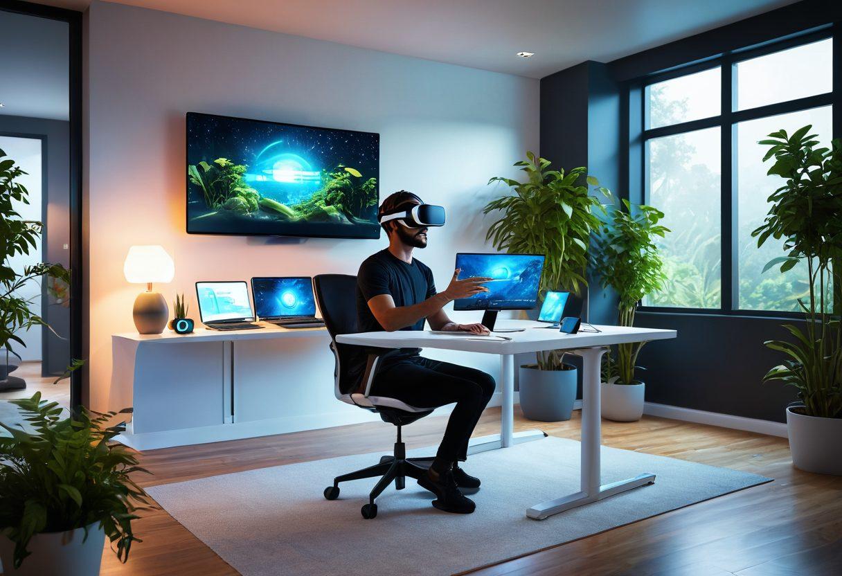 A futuristic home office with virtual reality headsets, sleek digital interfaces displaying productivity apps, and a serene environment filled with greenery. A person in comfortable attire is engaged in work while interacting with holographic screens. Include elements of technology like smart devices and ergonomic furniture, symbolizing remote work efficiency. vibrant colors. super-realistic. 3D.